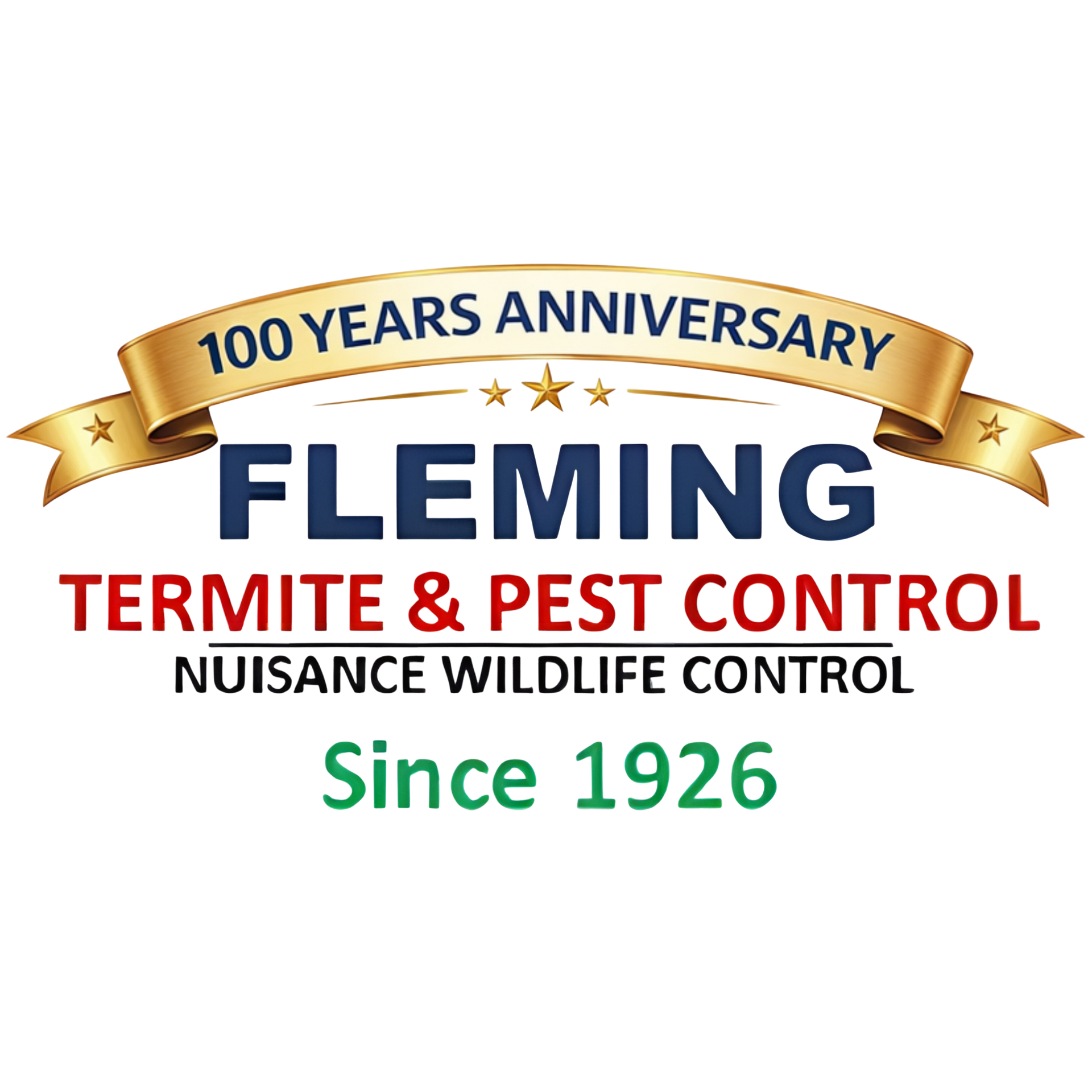 Fleming Termite & Pest Control logo. Blue text on white background: 