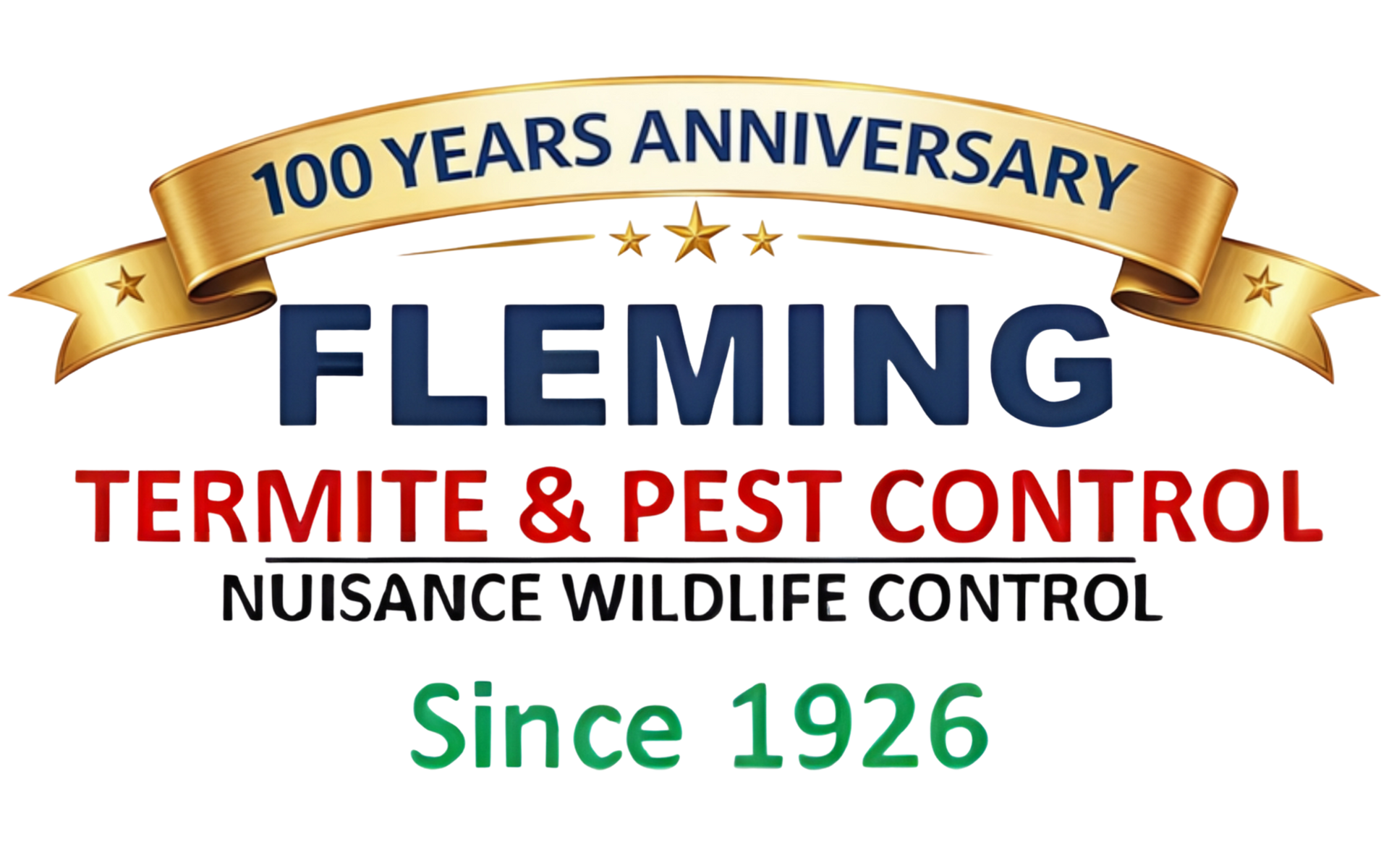 Fleming's Termite & Pest Control logo. White text on a transparent background.