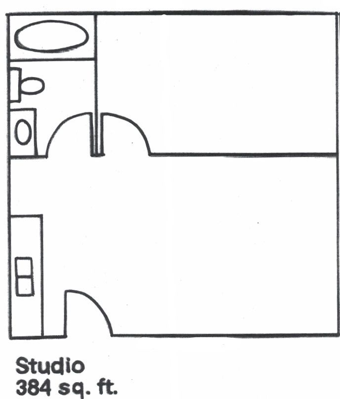 Studio apartment floor plan, 384 sq. ft., with kitchen, bath, and two main rooms.
