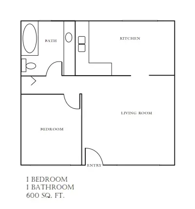 One-bedroom, one-bathroom 600 sq. ft. floor plan with kitchen, living room, and entryway.