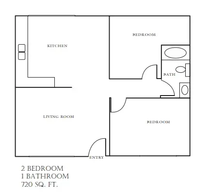 2-bedroom, 1-bathroom floor plan, 720 sq. ft., showing kitchen, living room, and dining room layout