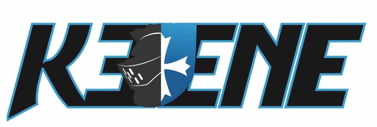 Stylized blue and white “KEENE” logo with a star in the center on a black background