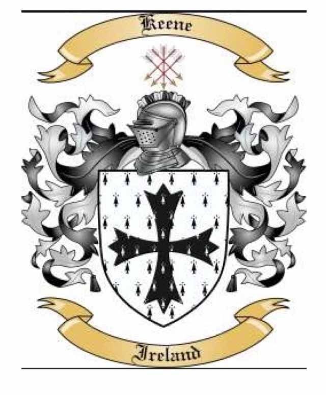 Reeves Ireland family crest with knight helmet, black cross on white shield, gold banners