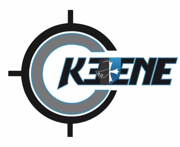 Stylized KEENE logo with a black target and blue-gray circular emblem on white background