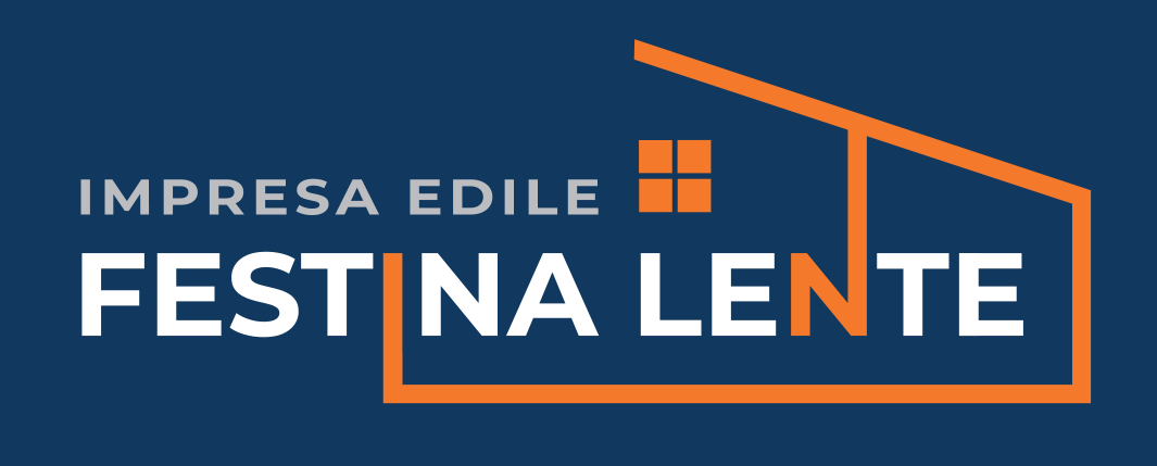 Logo dell'Impresa Edile Festina Lente, sagoma di casa arancione e finestra su sfondo blu navy.