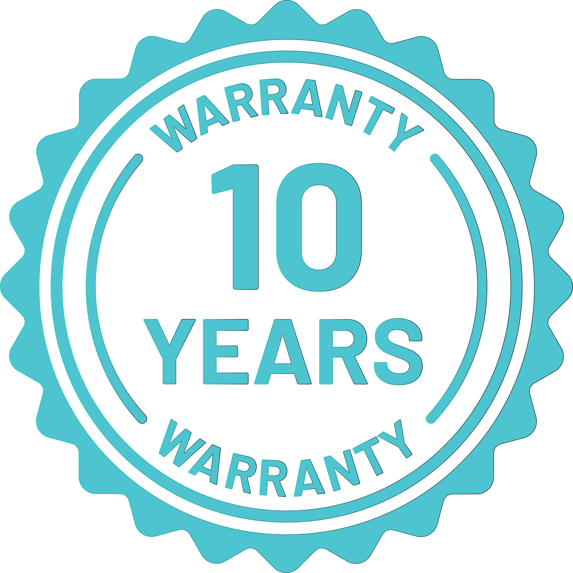 Blue badge: 10-year warranty text within a scalloped circular border.