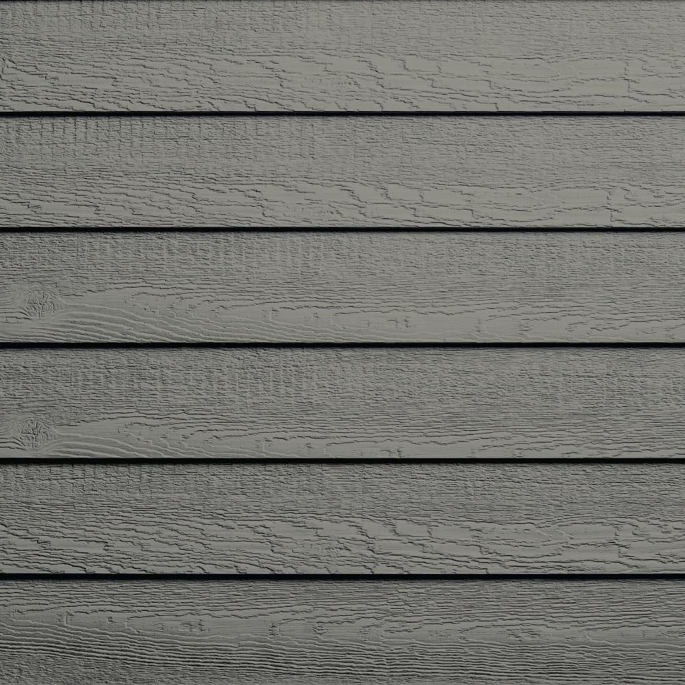 Gray wood siding with horizontal planks and textured grain.