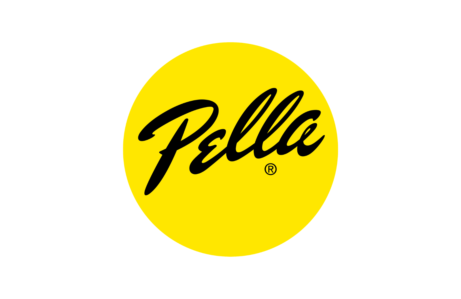 Pella logo: Black cursive "Pella" in a yellow circle.