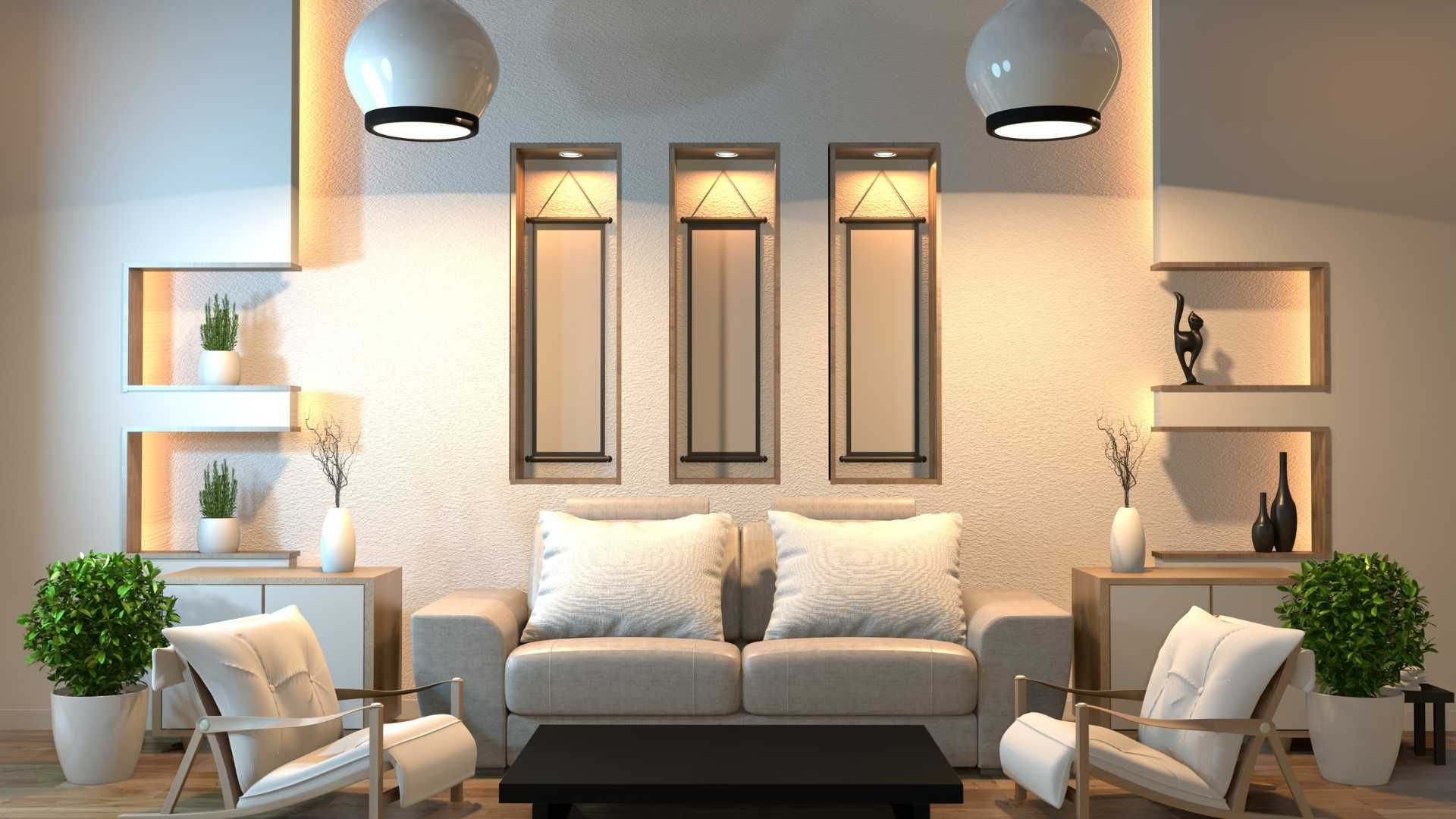 Living room with sofa, chairs, and decorative wall art illuminated by overhead lights.