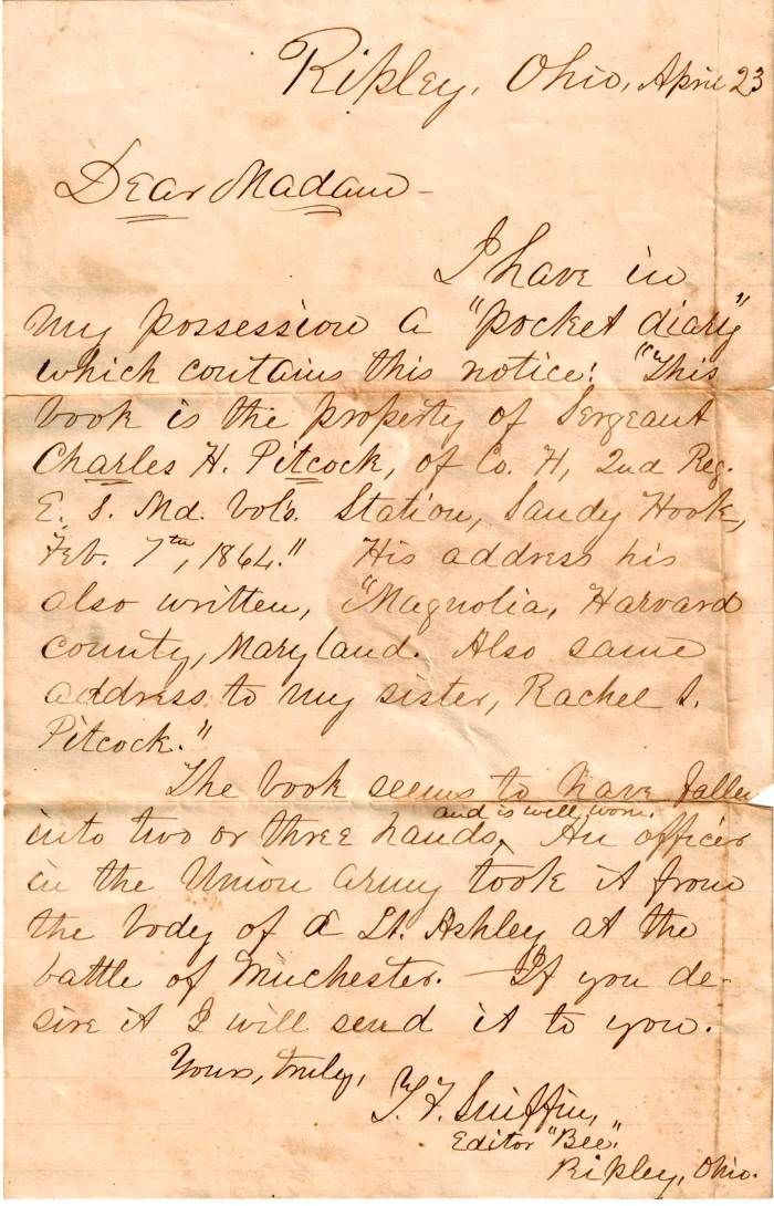 Copy of note to the Pitcock Family regarding the Civil War Diary originally belonging to Charles H. Pitcock from the editor of the 