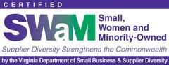 Virginia SWaM certified logo in purple and blue for Small, Women and Minority-Owned businesses