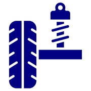 A blue icon of a tire and a spring on a white background.
