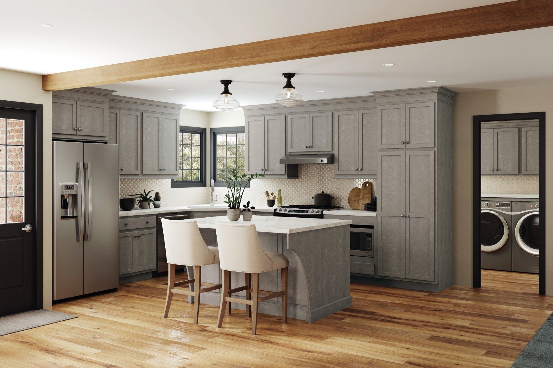 Kitchen with grey cabinets, stainless steel appliances, wooden floor, and island with bar stools.