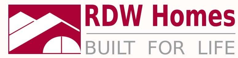Logo for RDW Homes, with a burgundy emblem and text: “RDW Homes” and “BUILT FOR LIFE”.