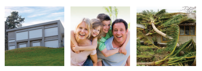 Three images: a house, a happy family, and a house damaged by a storm.