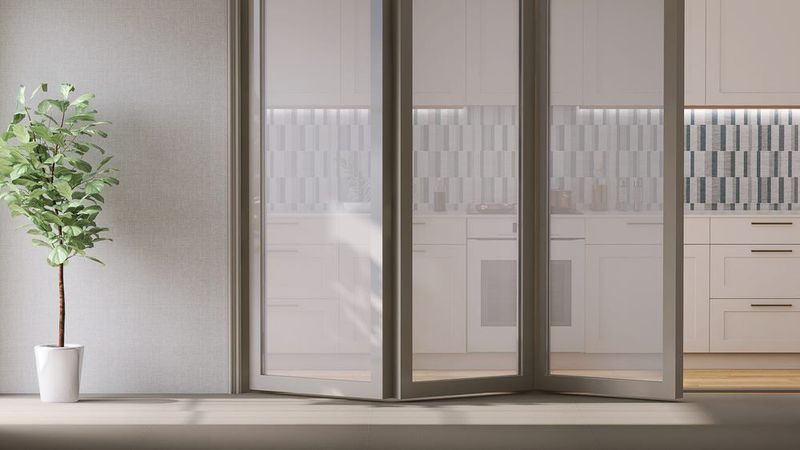 Interior view: Bi-fold doors open to a white kitchen, floor plant on the left.