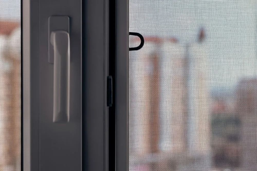 Close-up of a window with a handle and a screen, partially obscured by the screen's mesh.