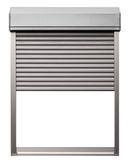 A gray, metallic roll-down security shutter for a window, partially lowered within its frame.