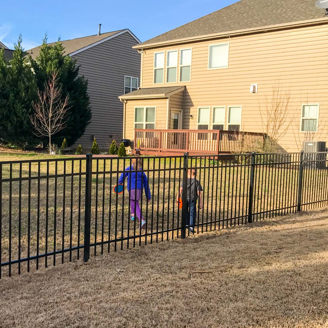 black fence with kid and dog in backyard