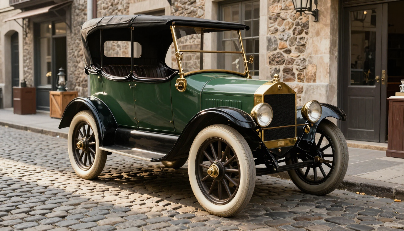 photorealistic vintage car with early white rubber pneumatic tires parked in a cobblestone street 1900s era soft lighting historical atmosphere