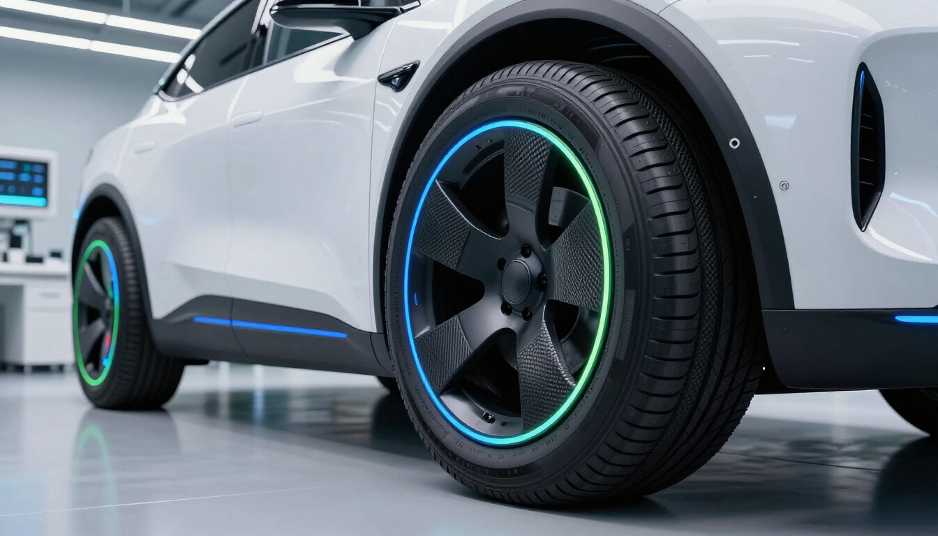photorealistic futuristic airless tire concept on a modern electric vehicle neon accents high-tech laboratory setting sleek design