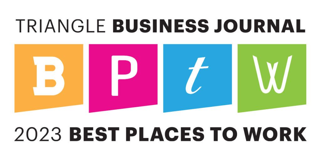 Triangle Business Journal 2023 Best Places to Work logo with orange, pink, blue, and green squares with white letters.