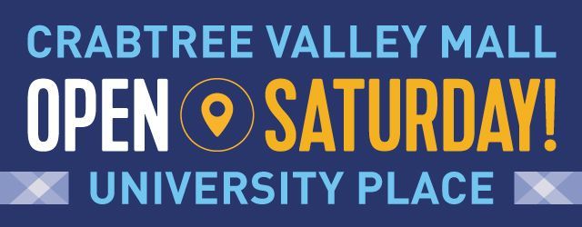 Crabtree Valley Mall open Saturday sign in blue and yellow, with University Place text.