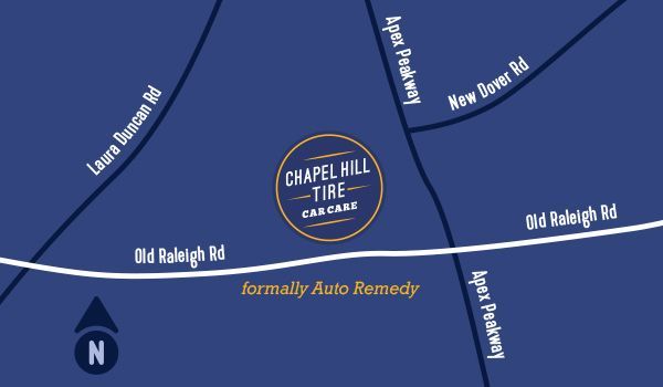 Map showing Chapel Hill Tire car care center, located near roads like Old Raleigh Rd, in a blue setting.
