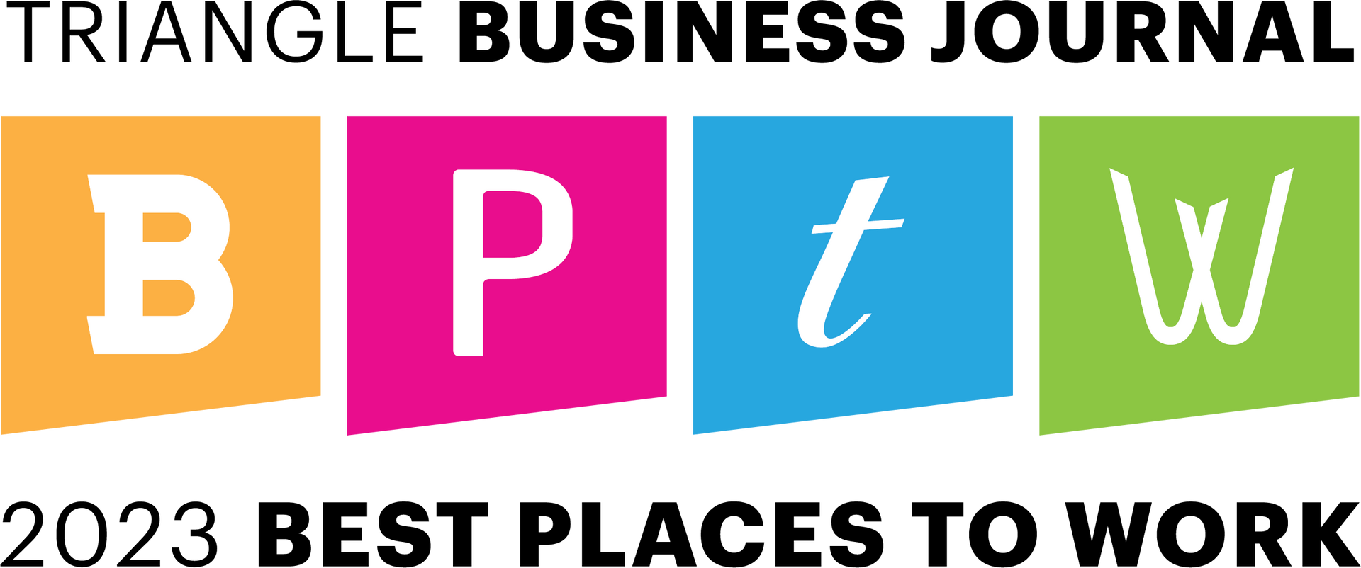 Triangle Business Journal Best Places to Work 2023 logo: Orange B, pink P, blue t, and green W in square boxes.