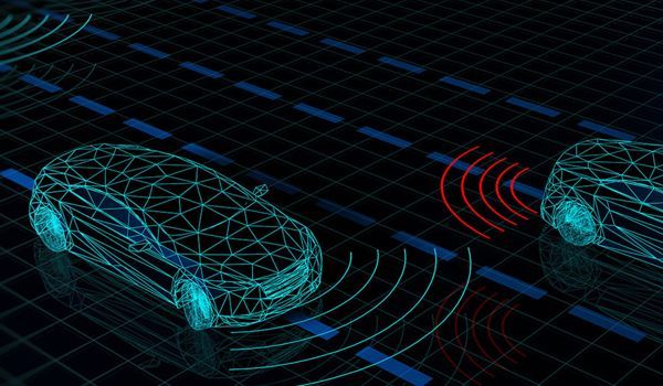 Two wireframe cars on a road, connected with radar signals; tech illustration.