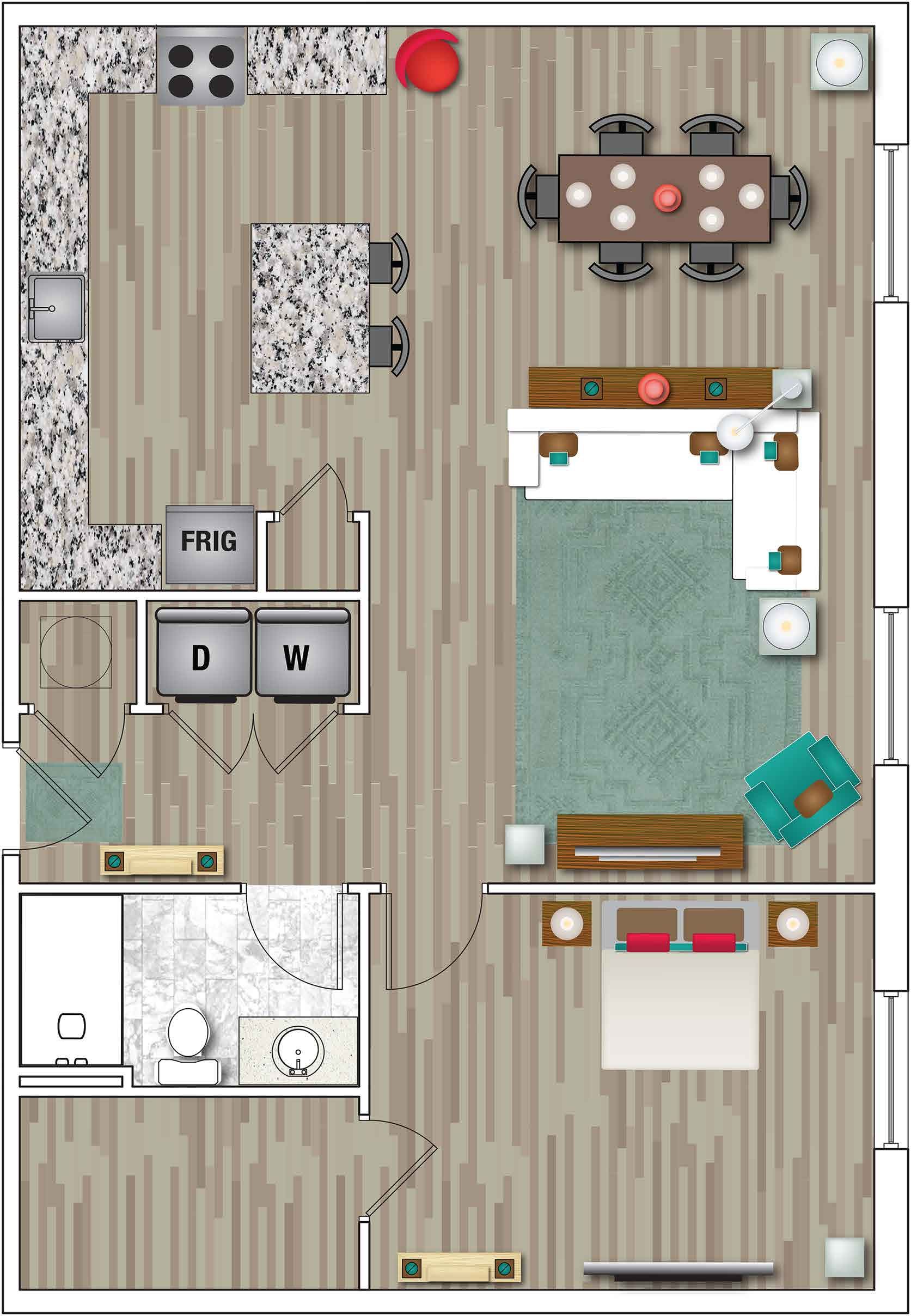 Top-down floor plan of a small apartment with kitchen, bedroom, bath, dining area, and living room.