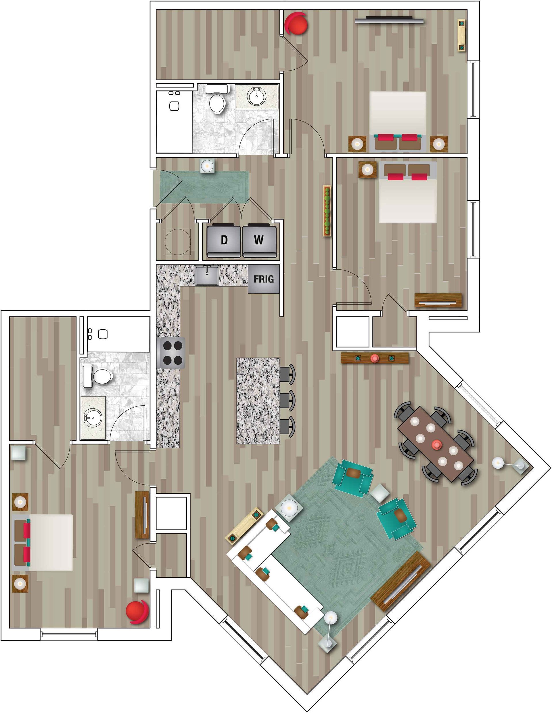 Top-down floor plan of a modern apartment with kitchen, bedrooms, living room, and dining area.