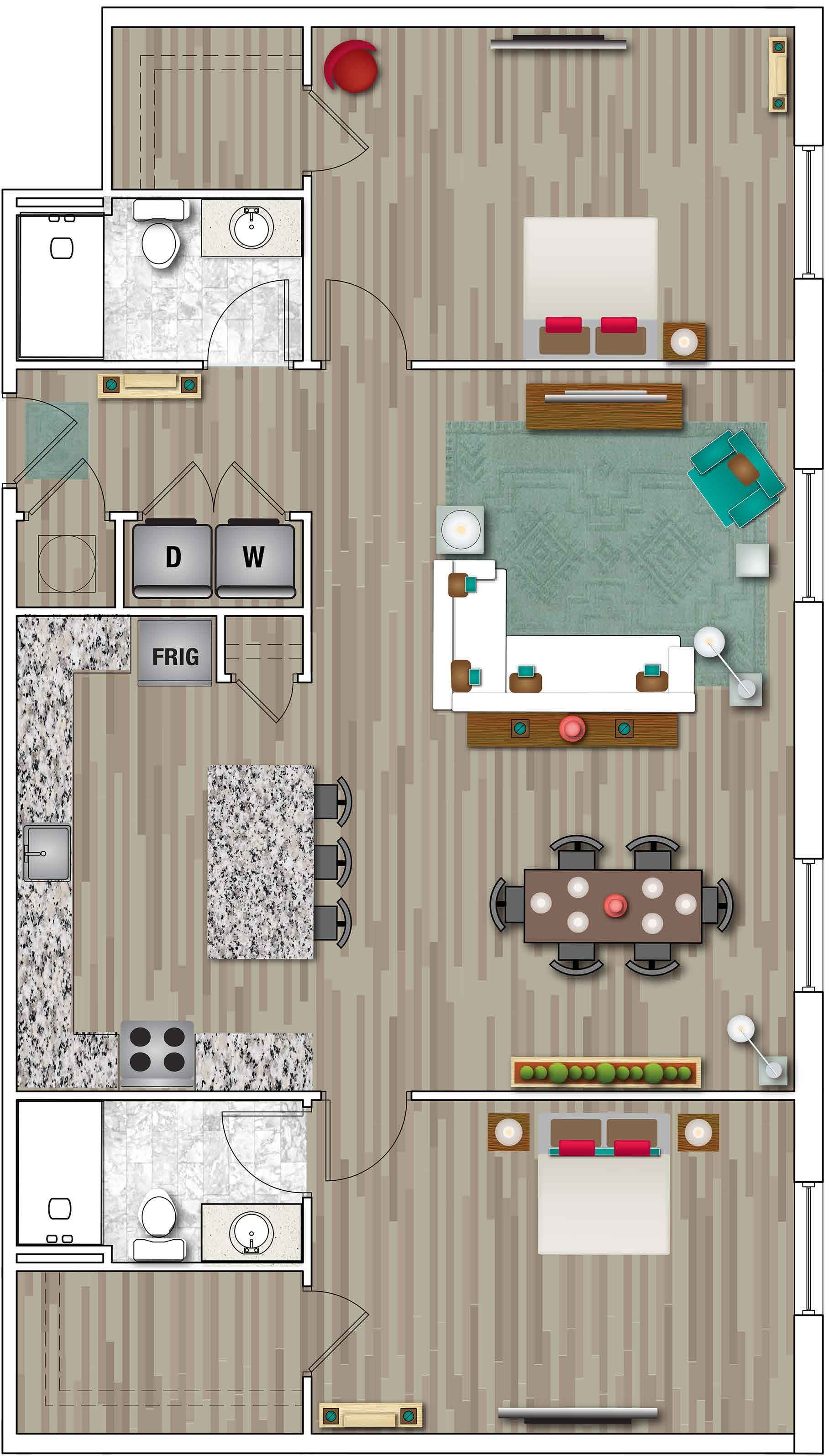 Top-down floor plan of a furnished apartment with bedroom, living room, kitchen, bathroom, and dining area.