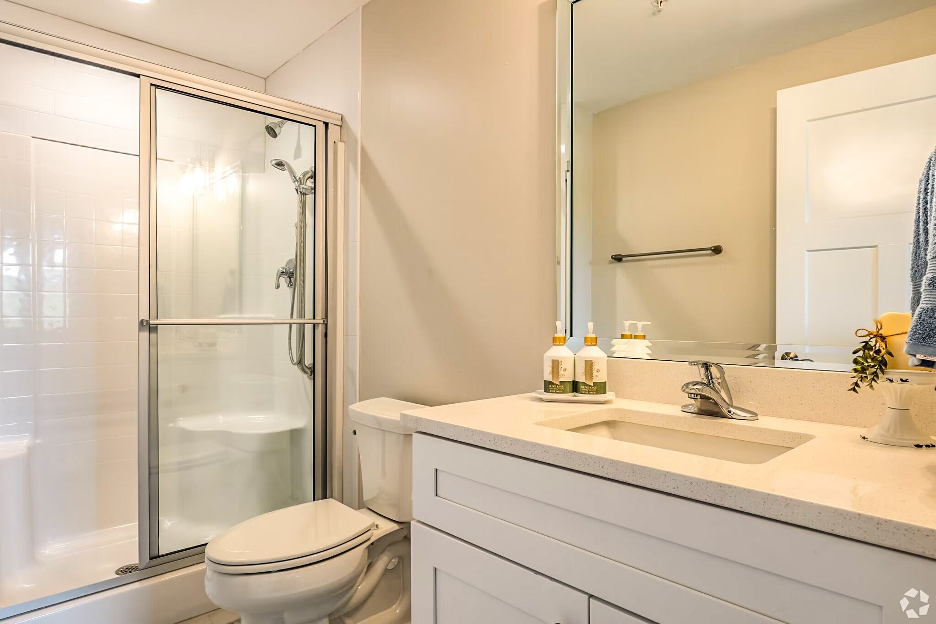 Bright bathroom with glass shower, toilet, vanity sink, and large mirror