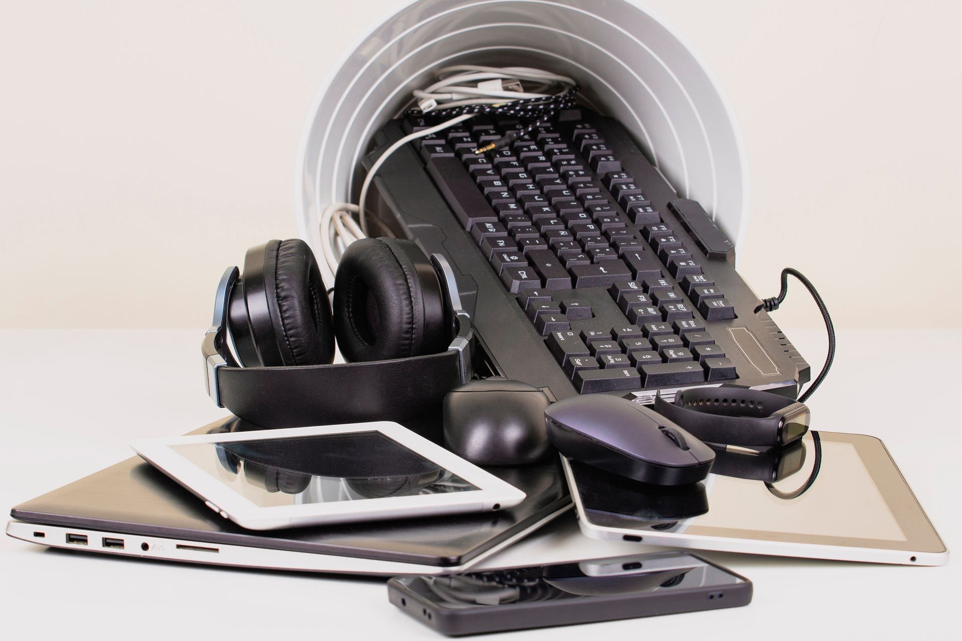 A bunch of electronic devices are stacked on top of each other