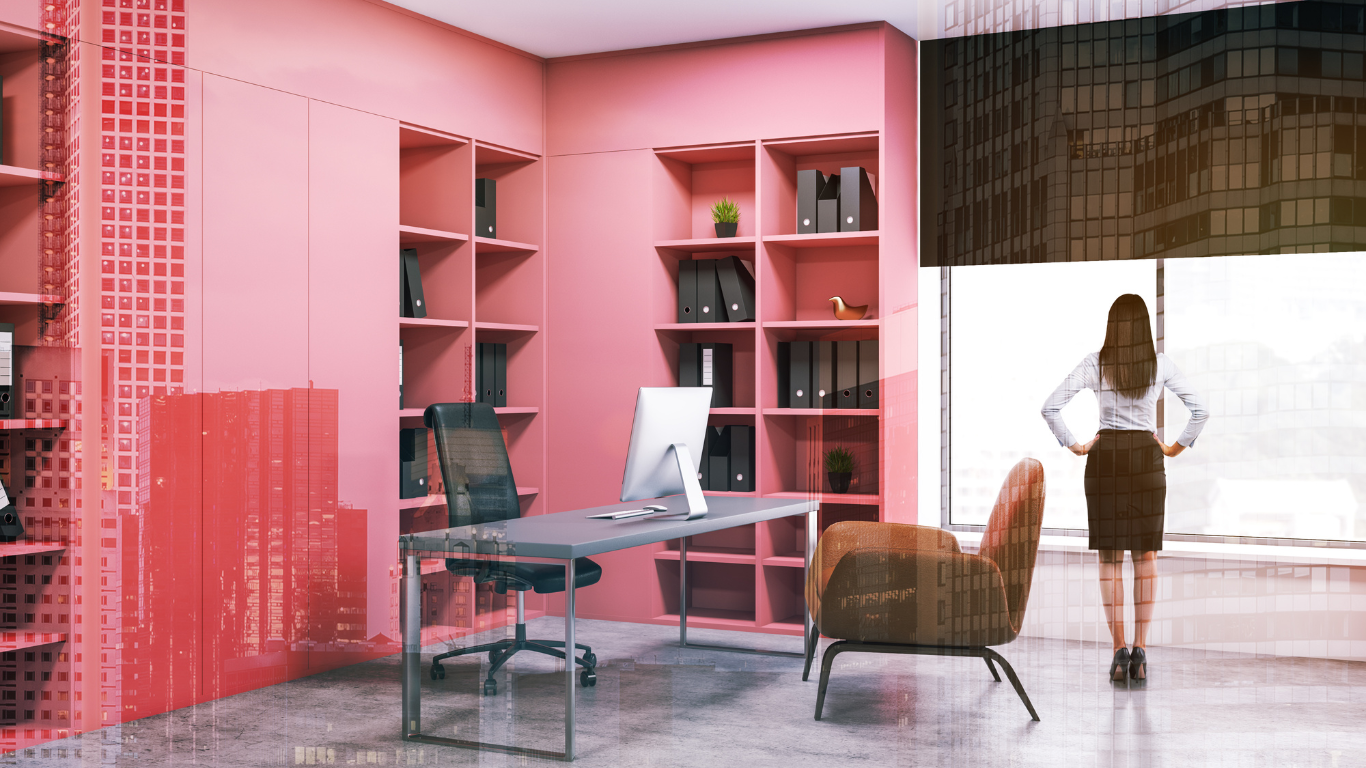 a woman is standing in a pink office looking out the window .