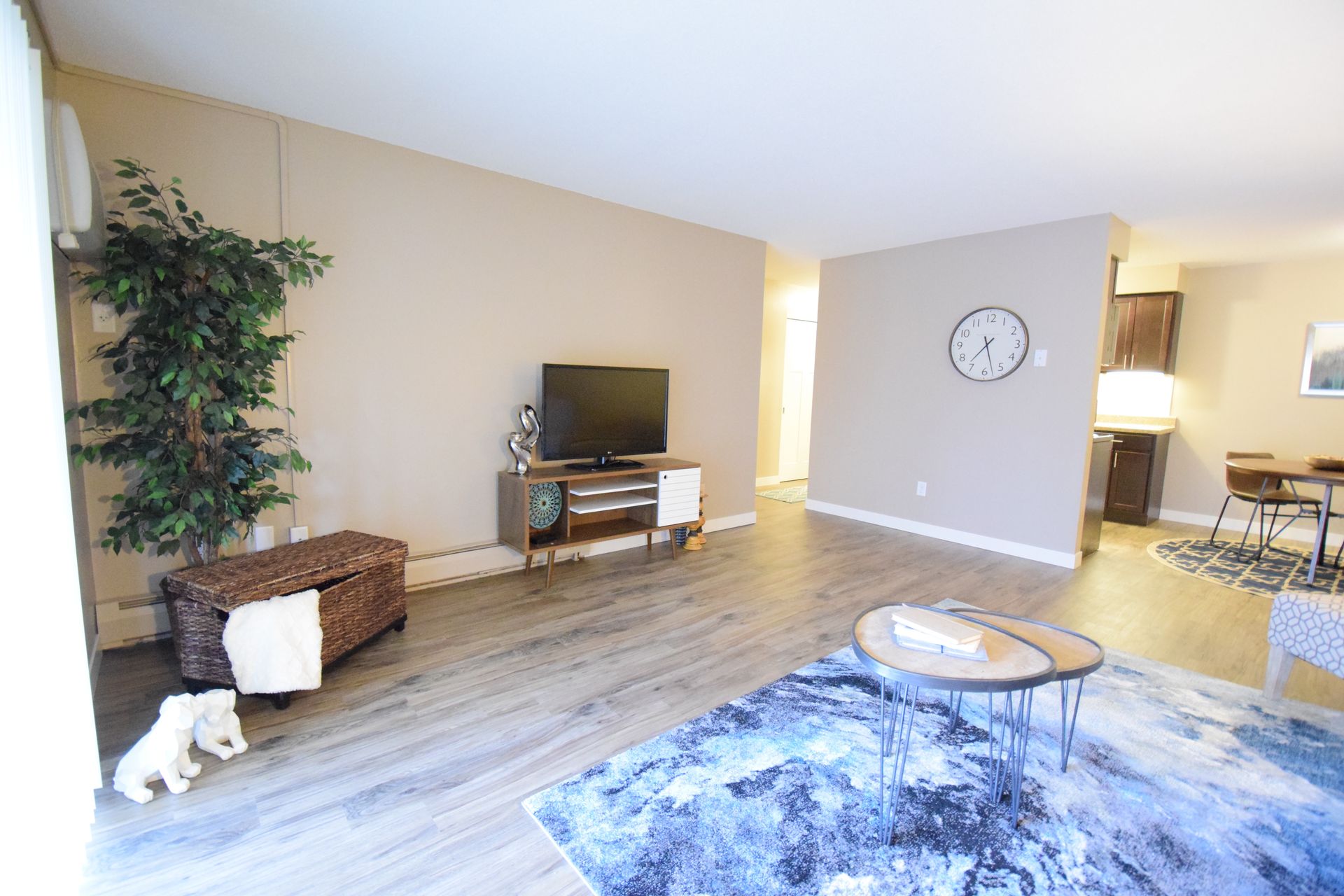There is a clock on the wall in the living room.