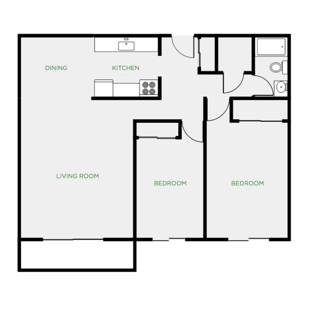 A floor plan of a house with a living room , bedroom , and kitchen.