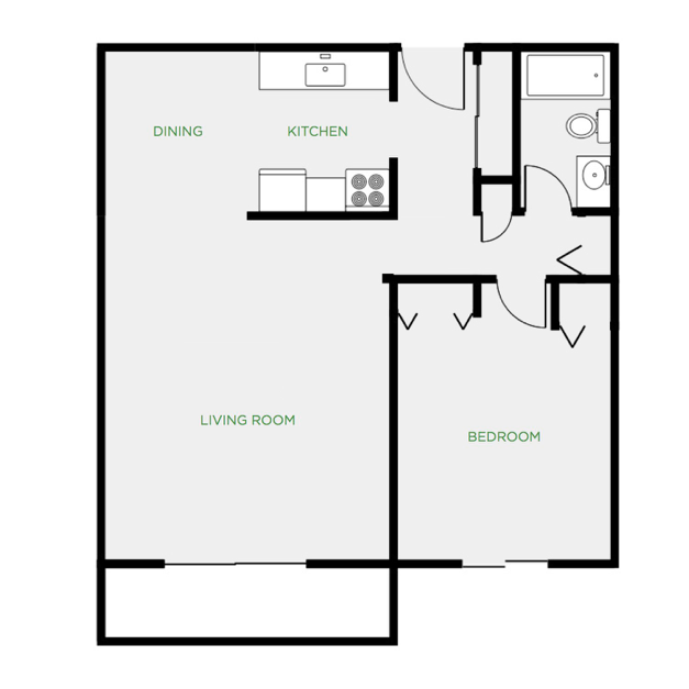 A black and white floor plan of a single bedroom apartment.