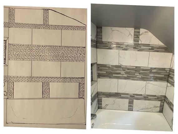 A drawing of a house next to a picture of a bathroom
