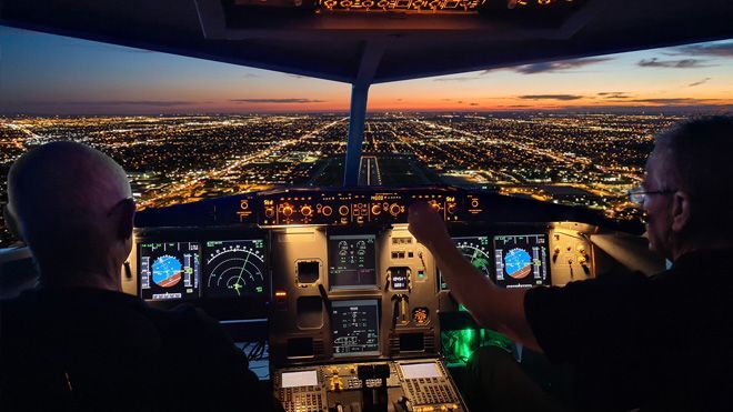 Vy från cockpit i vår Airbus A320 flygsimulator.