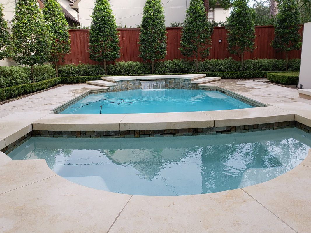 A large swimming pool surrounded by trees and bushes in a backyard.