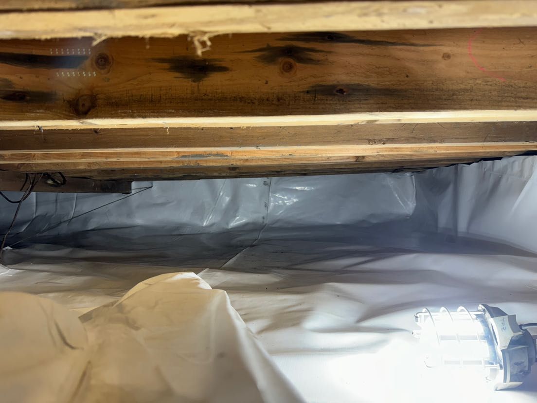 A crawl space under a wooden ceiling with a white tarp on the floor.
