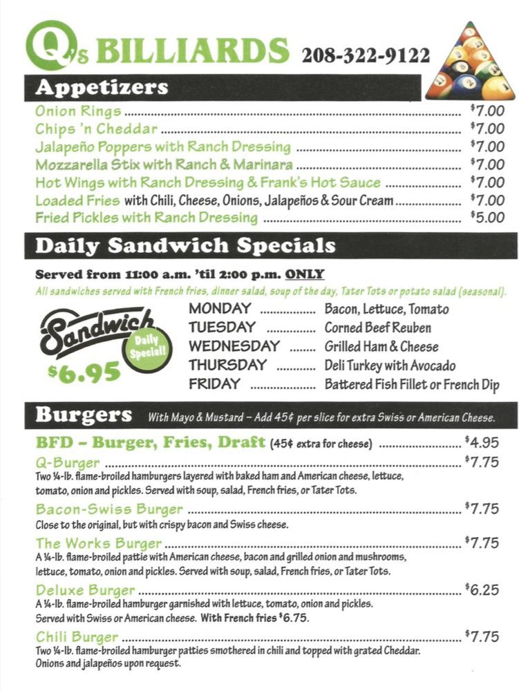 Beer And Burgers Boise, ID Q’s Billiards & Eatery