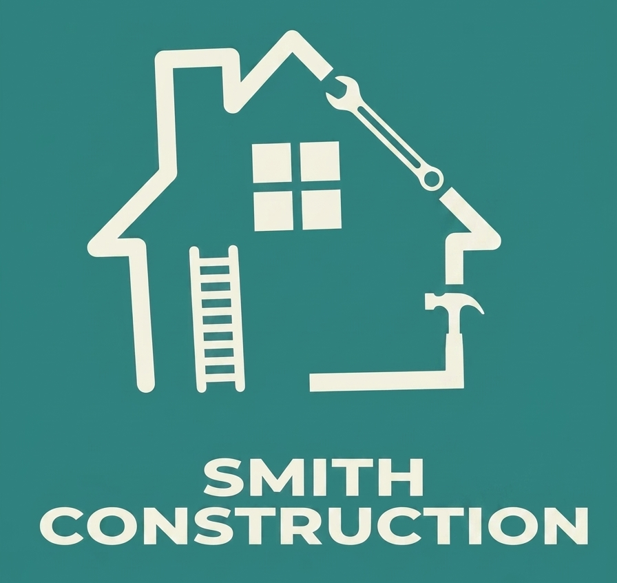Smith Construction logo with a house outline, ladder, hammer, and wrench on a teal background.
