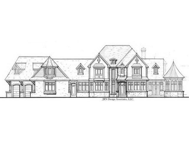 Architectural drawing of a large, multi-gabled house with various window styles.