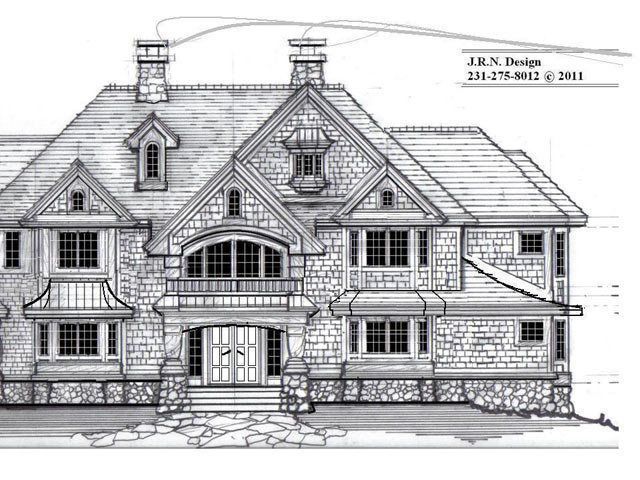 Architectural drawing of a large stone house with multiple gables, windows, and a front entrance with pillars.