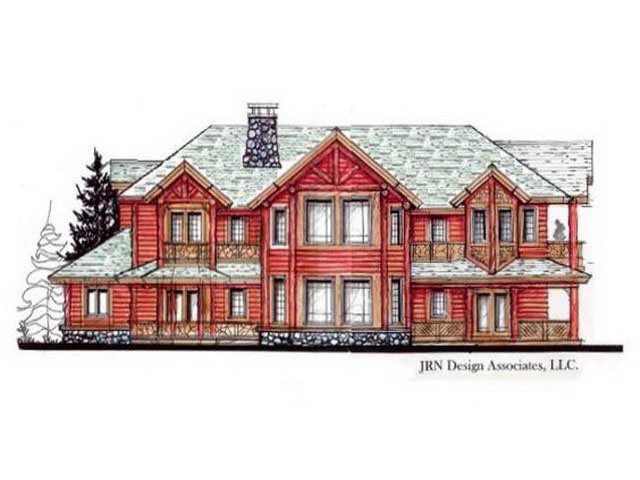 Log home architectural rendering with red log siding, stone base, and green roof.