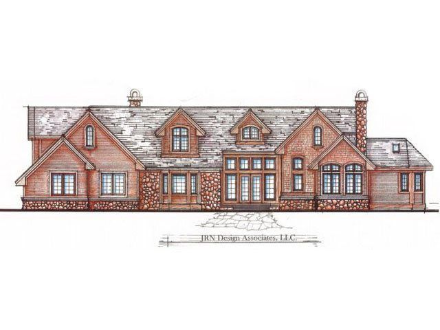 Architectural rendering of a red brick and stone house with dormers, chimney, and multiple windows.