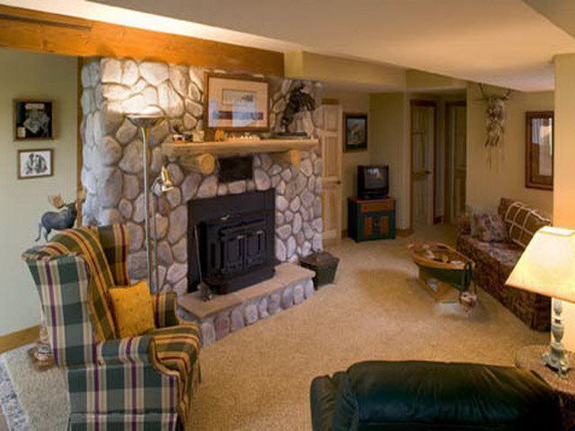 Cozy living room with stone fireplace, plaid armchair, and carpet flooring.